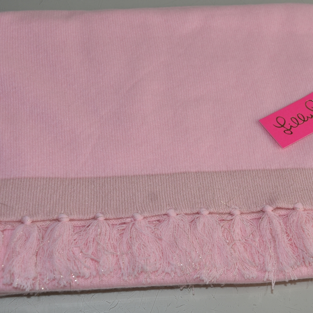 Lilly Pulitzer Take Me Away Cashmere Wrap Tassels Lurex Pink Gold Women's Scarf - Picture 5 of 11